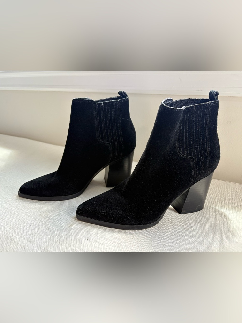 Marc Fisher Black Suede Pointed Ankle Booties with Block Heel
